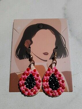 Handcrafted Teardrop Polymer Clay Earrings with Pink and Red  Mini Faux Jewels